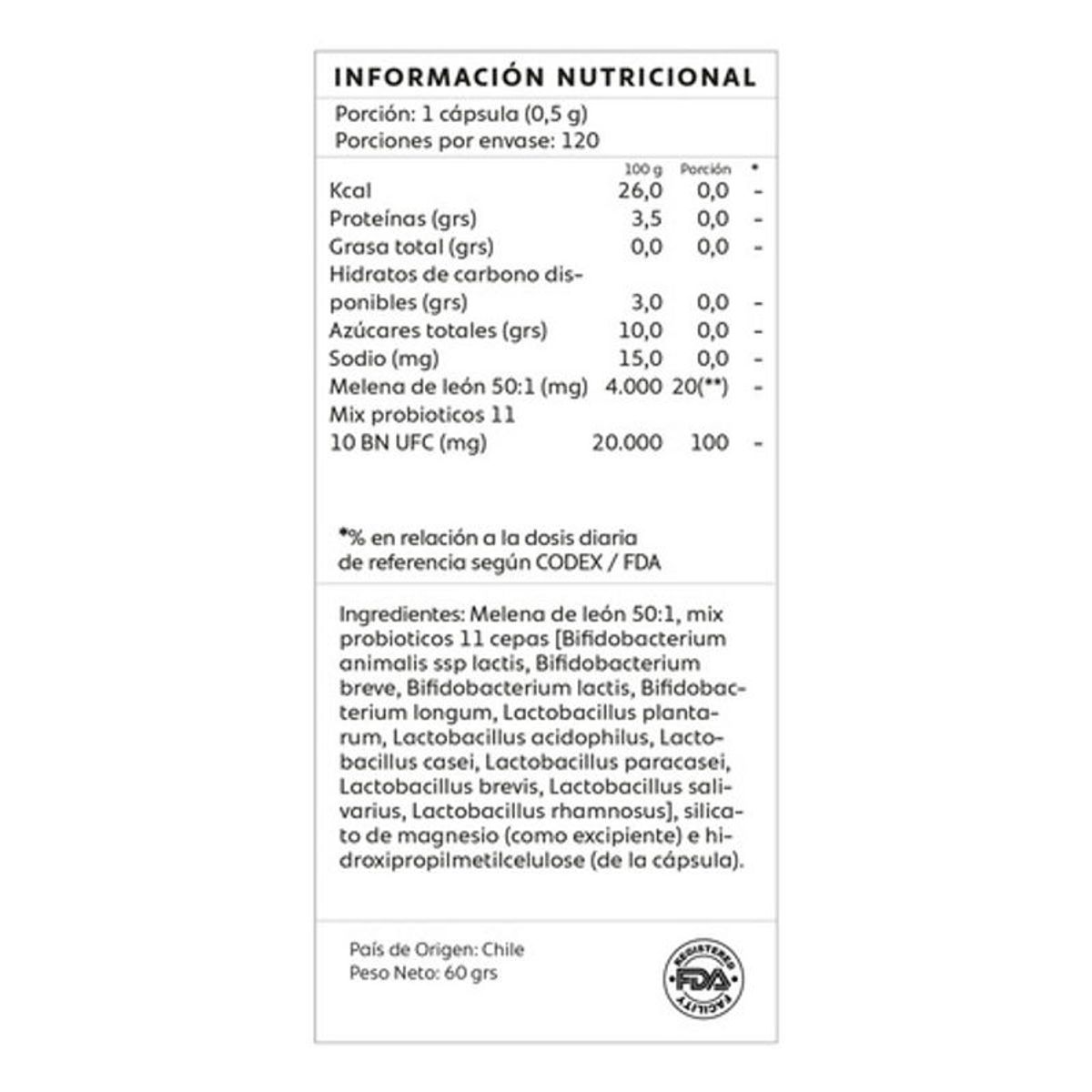 GENERICO - Melena De León + Probióticos 11 Cepas - Mind Nutrition - 60 Sin Sabor