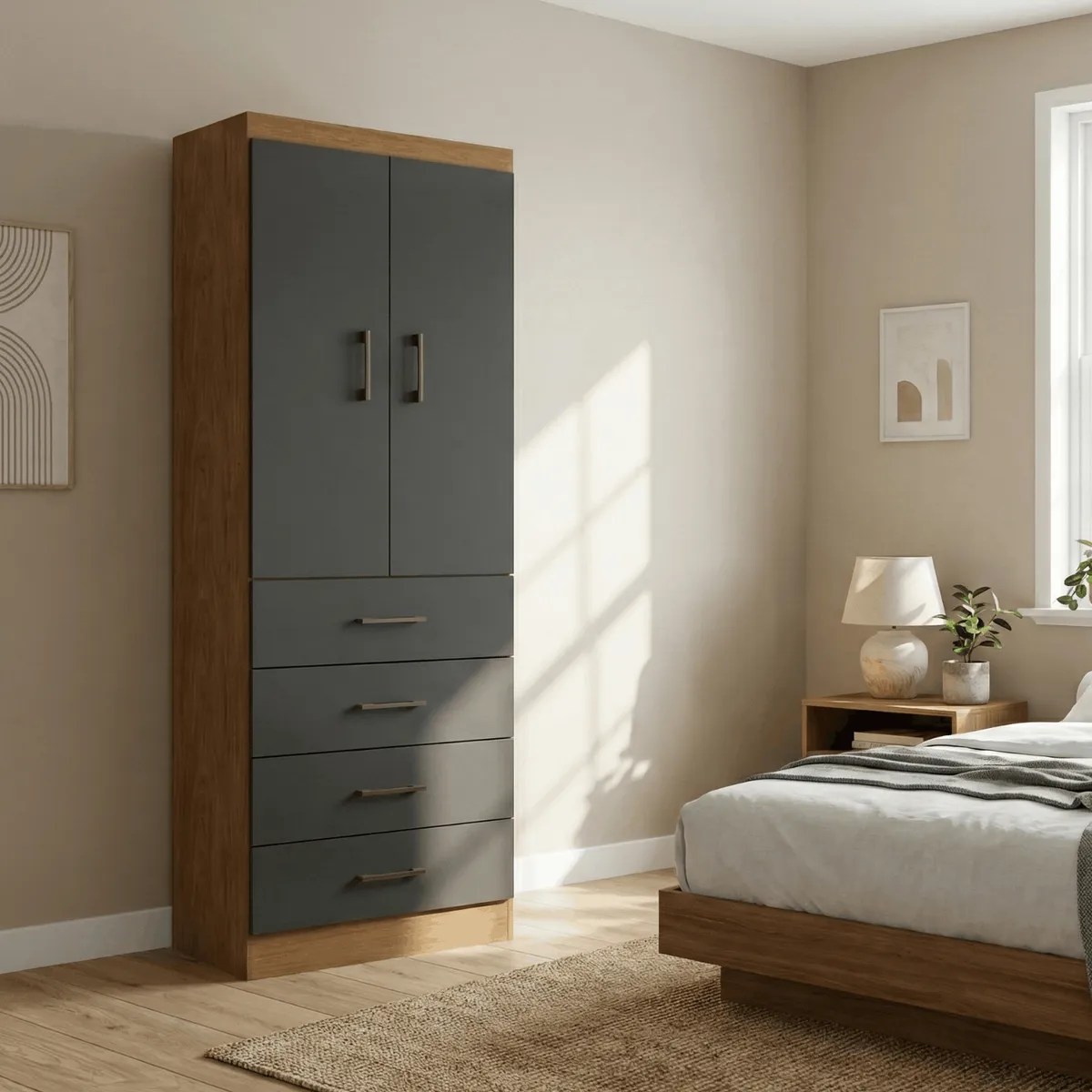 EXIT - Clóset de 2 Puertas 4 Cajones 62x182x40 cm Roble-Negro