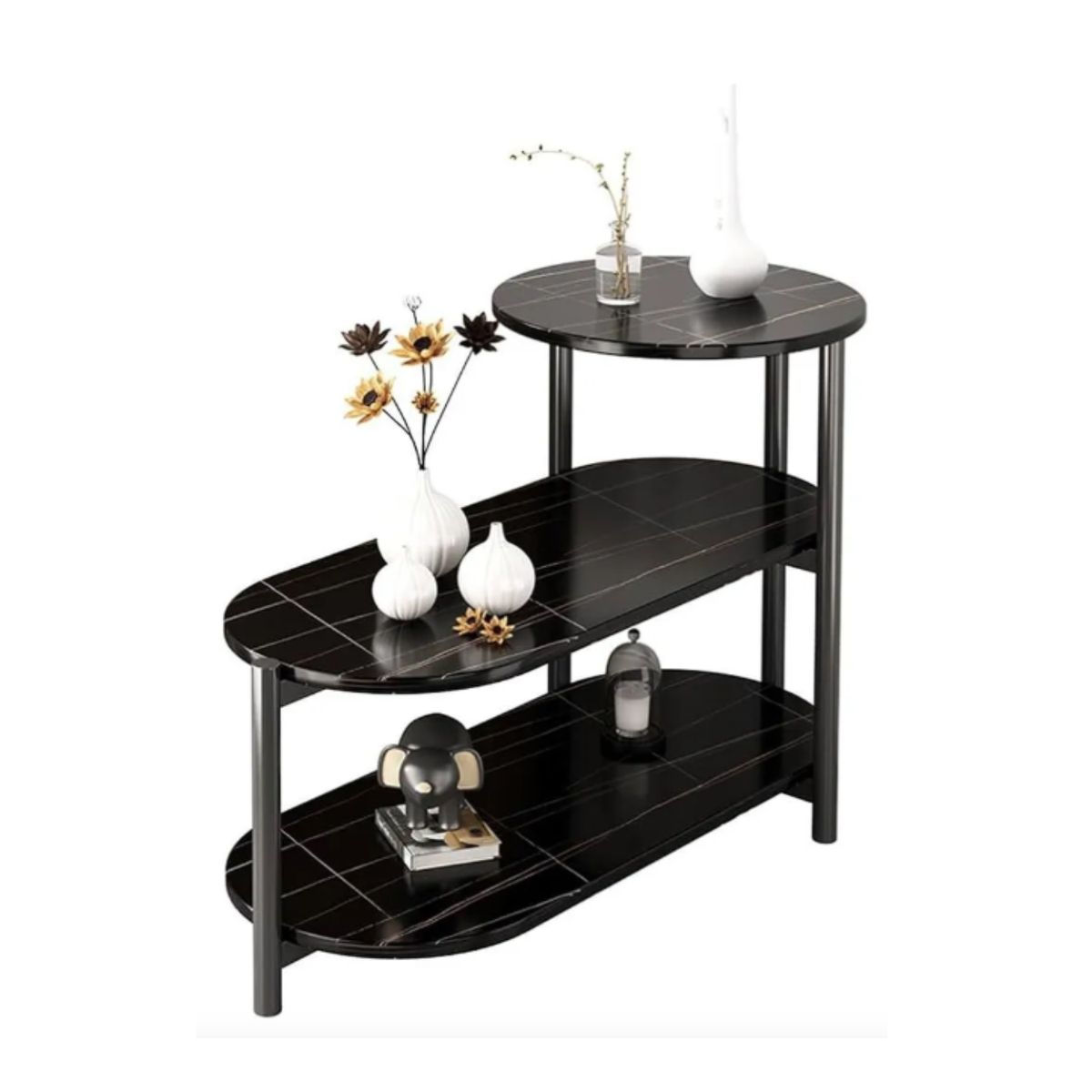 GENERICO - Mesa Auxiliar De Lujo De 3 Niveles Mesa De Centro Decorativa Negro