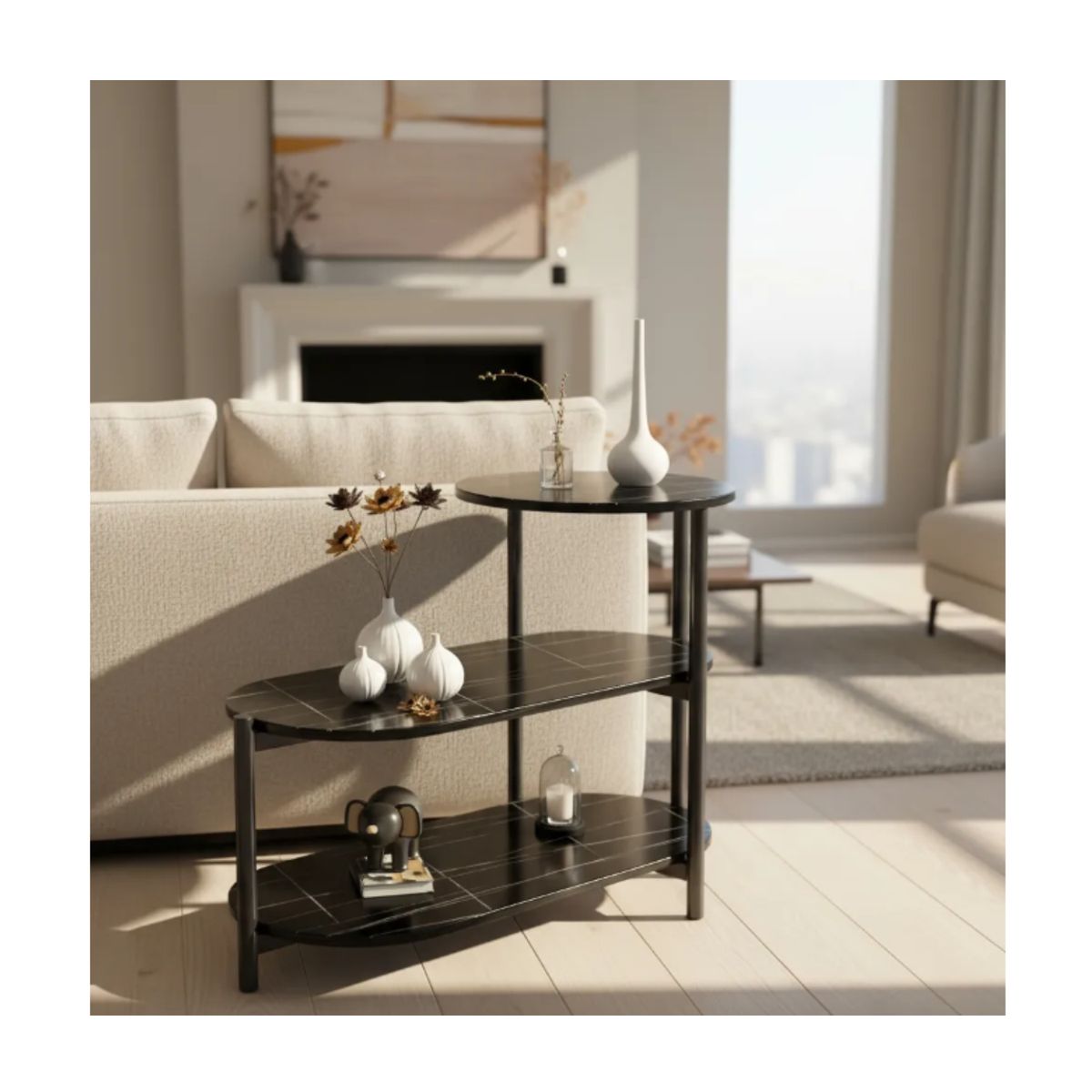 GENERICO - Mesa Auxiliar De Lujo De 3 Niveles Mesa De Centro Decorativa Negro