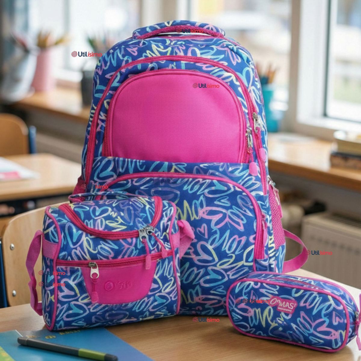 UTILISIMO - Mochila Bolso Escolar + Estuche + Lonchera 43Cm Niña Tela Oxford Love Graffiti