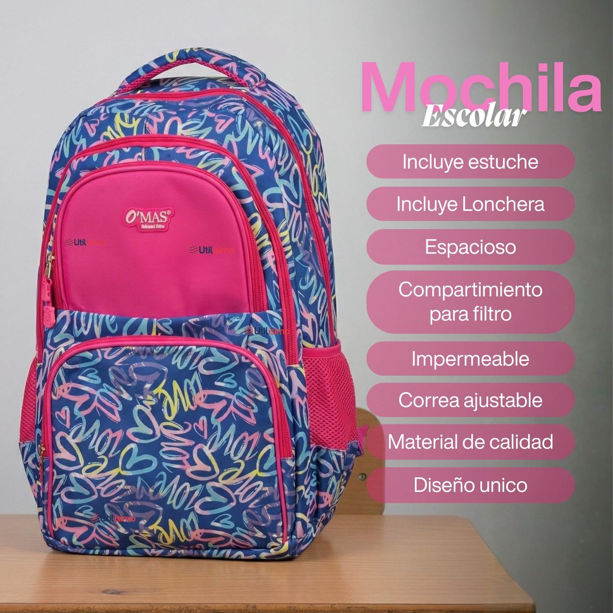UTILISIMO - Mochila Bolso Escolar + Estuche + Lonchera 43Cm Niña Tela Oxford Love Graffiti