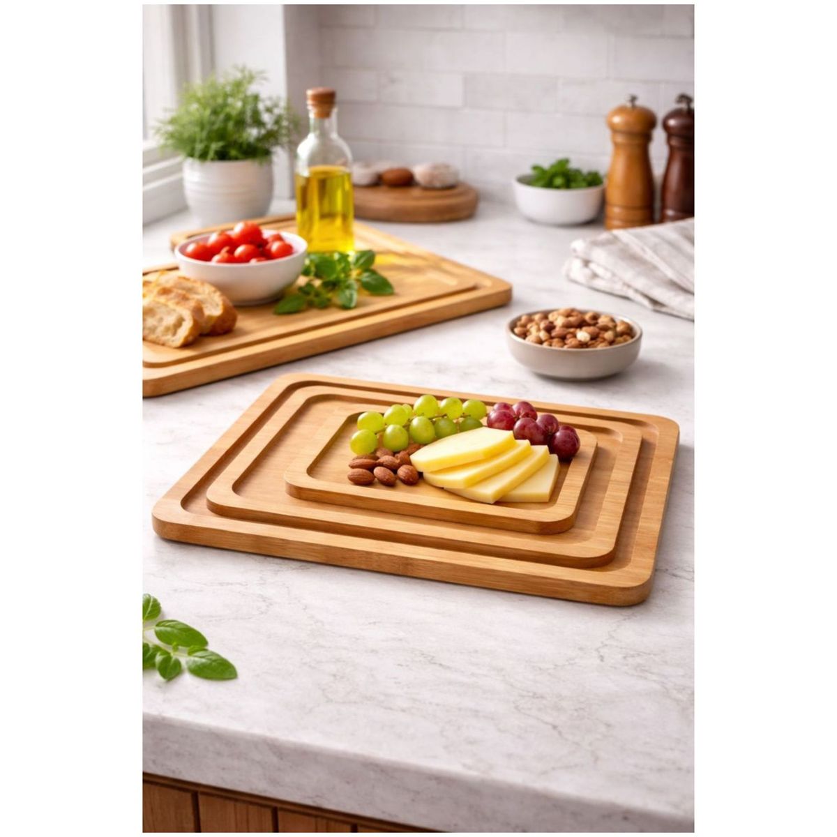 GENERICO - Set 3 Bandejas De Madera Bambú Rectangulares 3 Tamaños