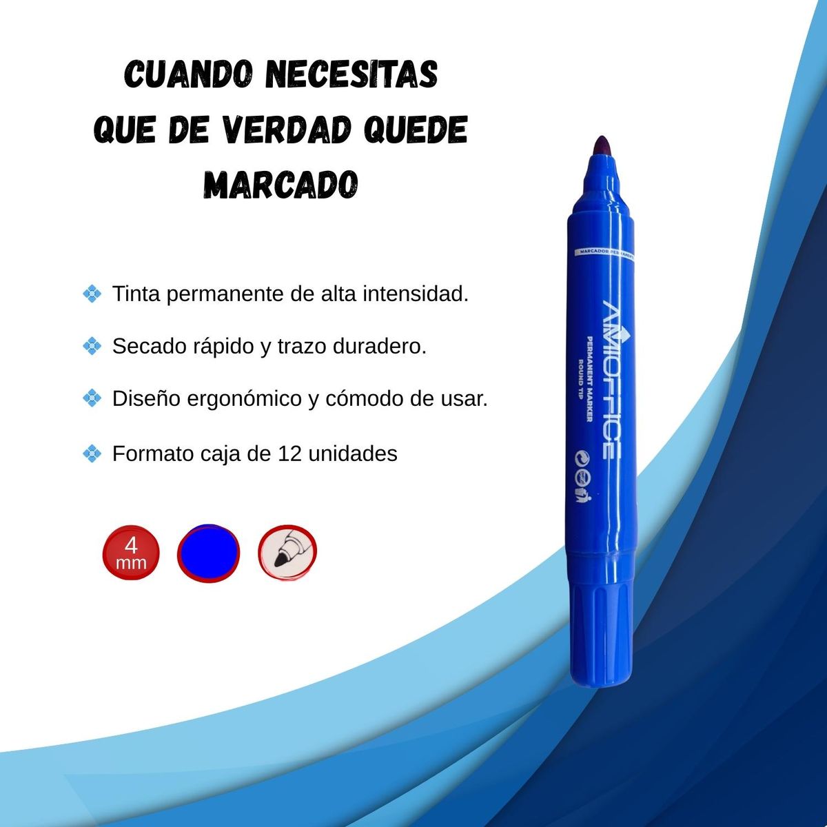 GENERICO - Caja Plumón Marcador Permanente Punta Redonda - 12 uds - Azul - Tamano Unico