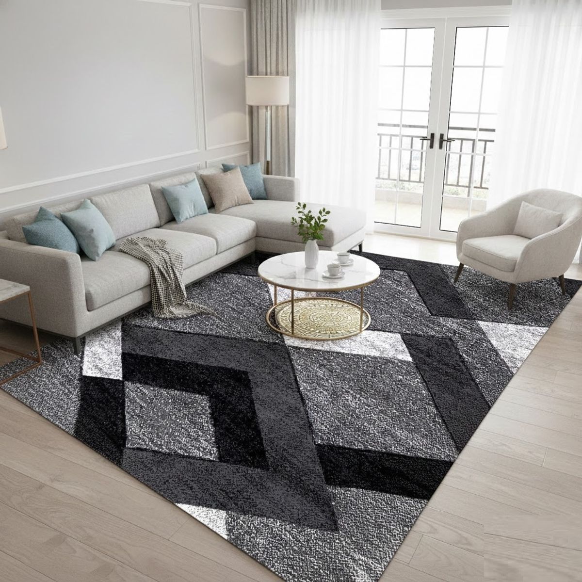 GENERICO - ALFOMBRA MODERNA PARA LIVING 200X240 NEGRA ZIGZAG DECORATIVA ELEGANTE CMIO