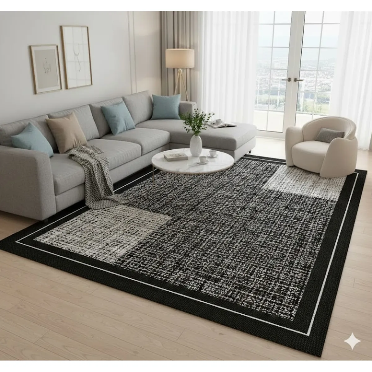 GENERICO - ALFOMBRA MODERNA PARA LIVING 200X240 CUADRO NEGRO GRIS ELEGANTE DECORATIVA CMIO