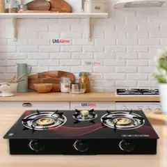 LINE - Cocina Encimera a Gas Licuado Vidrio 3 Platos Cocinilla Negro