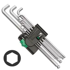 WERA - Set 9 Llaves Allen Hexagonales Métricas Extra-Cortas Cromadas