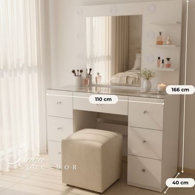 Imagen 2 del producto Tocador Hollywood Grande Praga con Espejo, Luces y Puff – 7 Gavetas – Melamina Premium