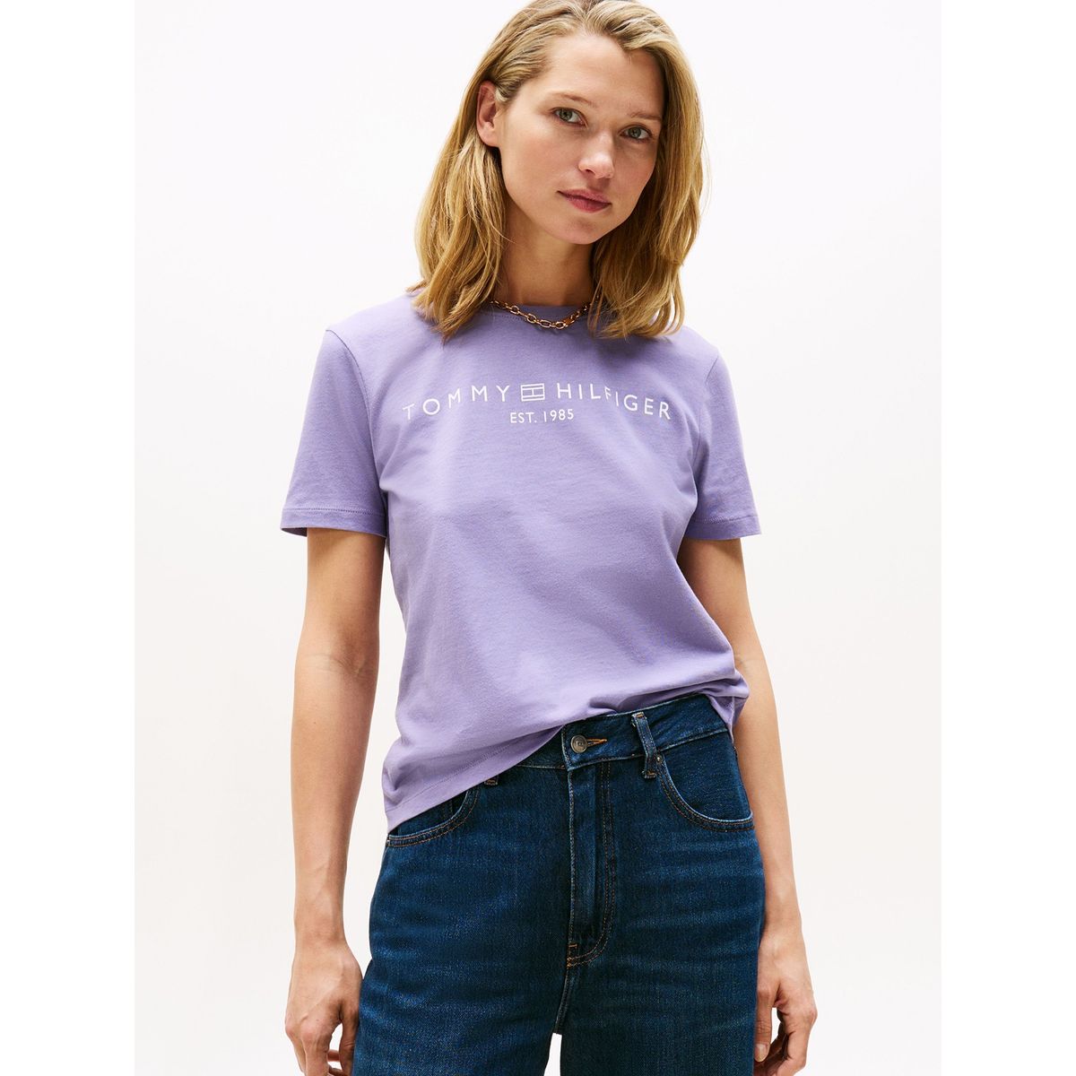 TOMMY HILFIGER - Polera Signature Con Logo Lila Tommy Hilfiger