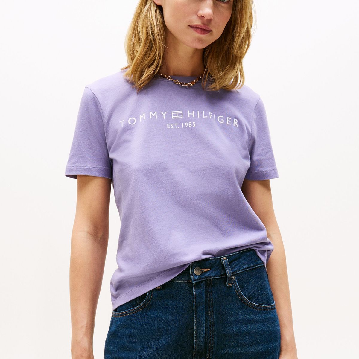 TOMMY HILFIGER - Polera Signature Con Logo Lila Tommy Hilfiger