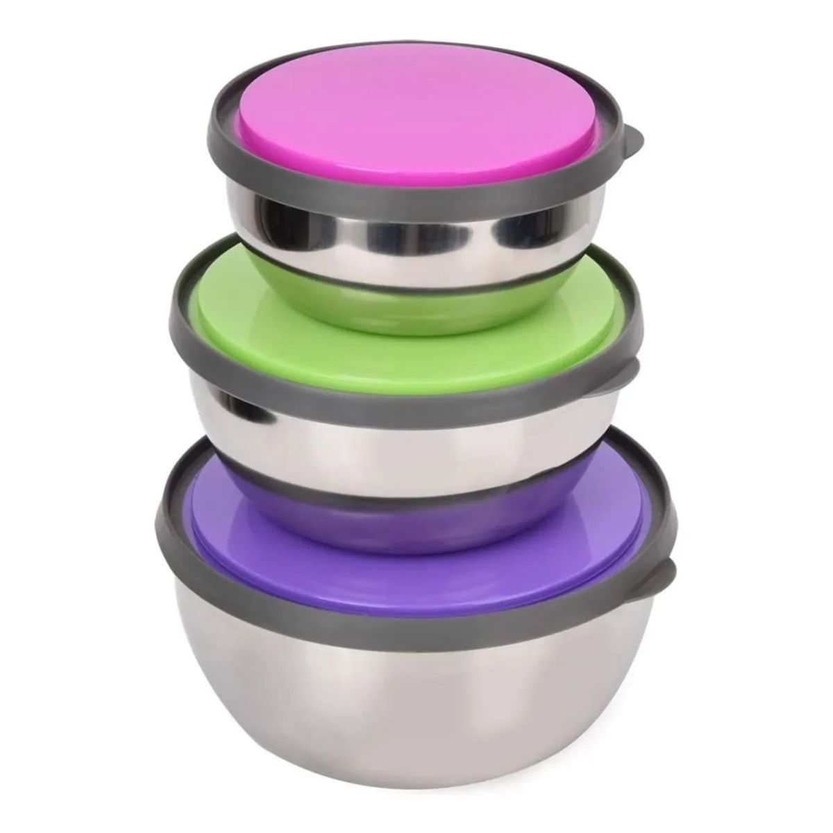 GENERICO - Set 3 Bowl De Acero Inoxidable Con Tapa 3 Tamaños