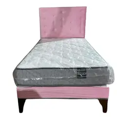 GENERICO - Cama Europea 1.5 Plazas + Respaldo Rosado A Piso + Colchón Resorte