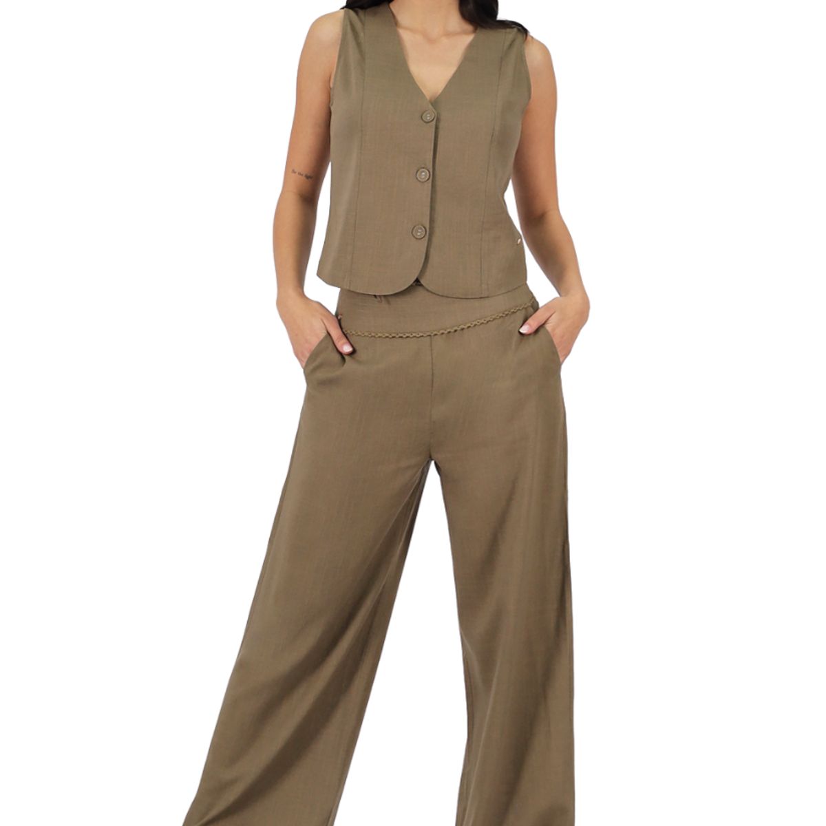 TENTATION - PANTALON PALAZZO LINO VERDE