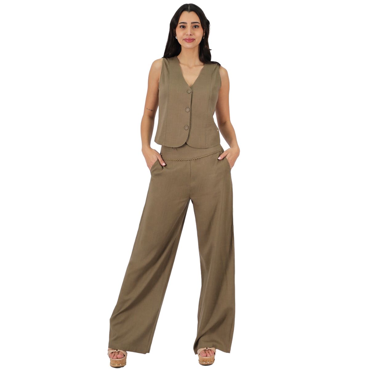 TENTATION - PANTALON PALAZZO LINO VERDE