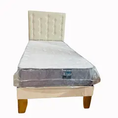 GENERICO - Cama Europea 1 Plazas + Respaldo Beige A Piso + Colchón Resorte