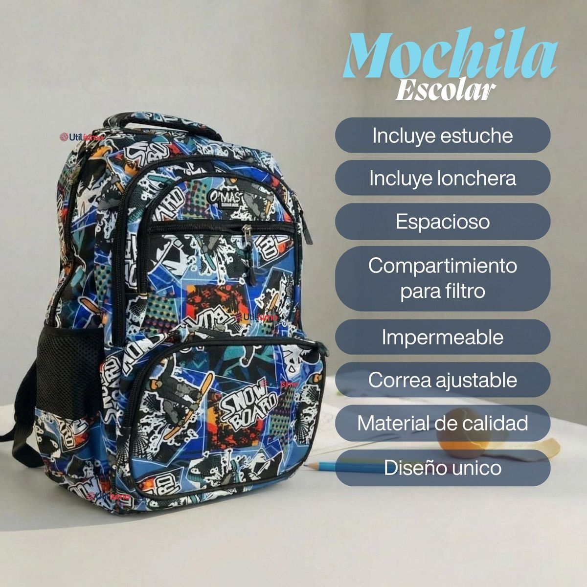 UTILISIMO - Mochila Escolar Bolso Con Estuche + Lonchera 45Cm Tela Oxford Niño Snowboard