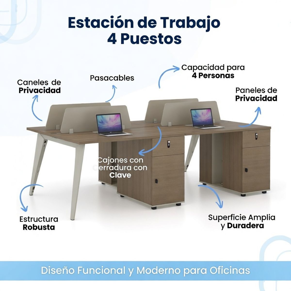 RODLER - Estación de Trabajo 4 Puestos Skandi 240x120 cms