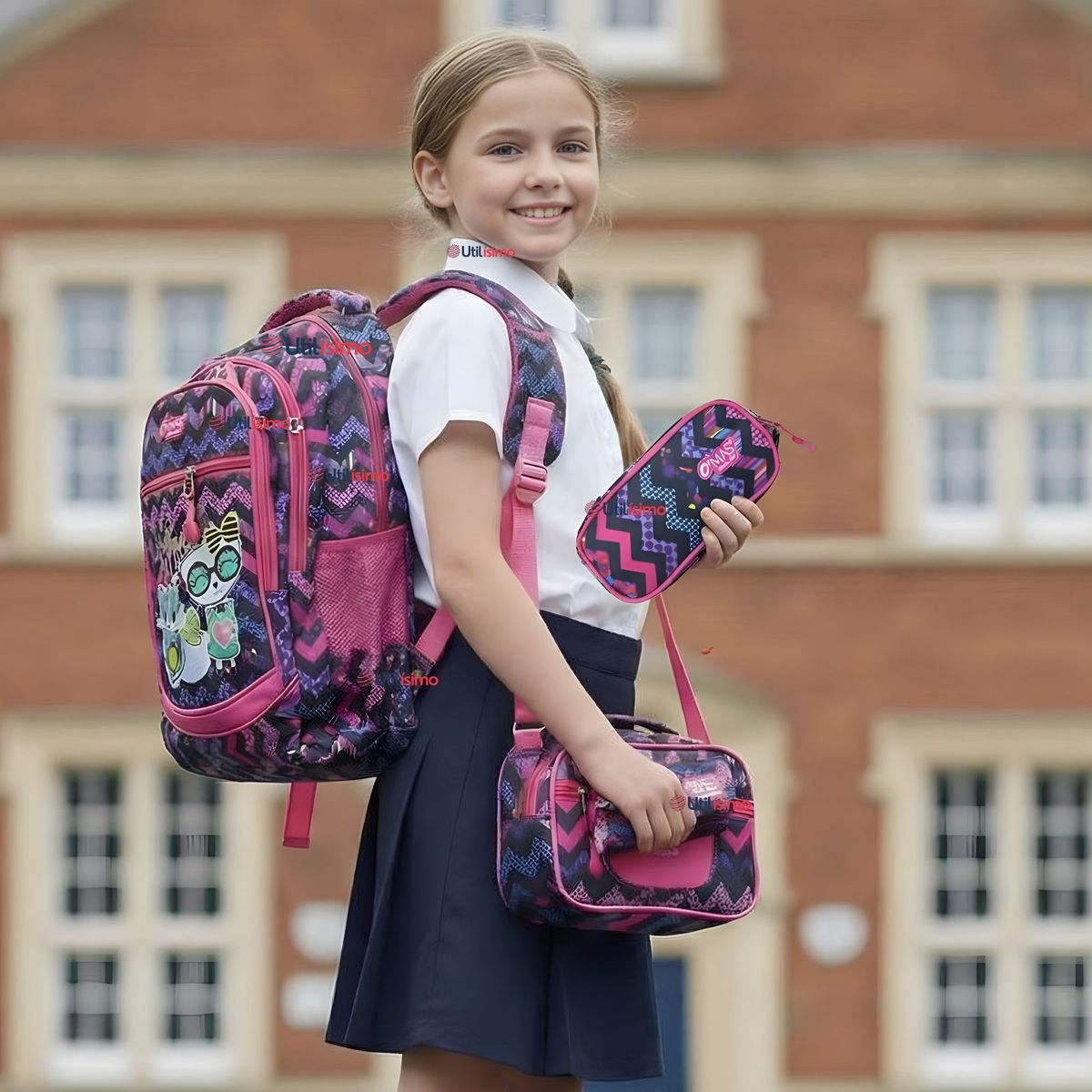 UTILISIMO - Mochila Escolar Bolso Con Estuche + Lonchera 45Cm Tela Oxford Niña