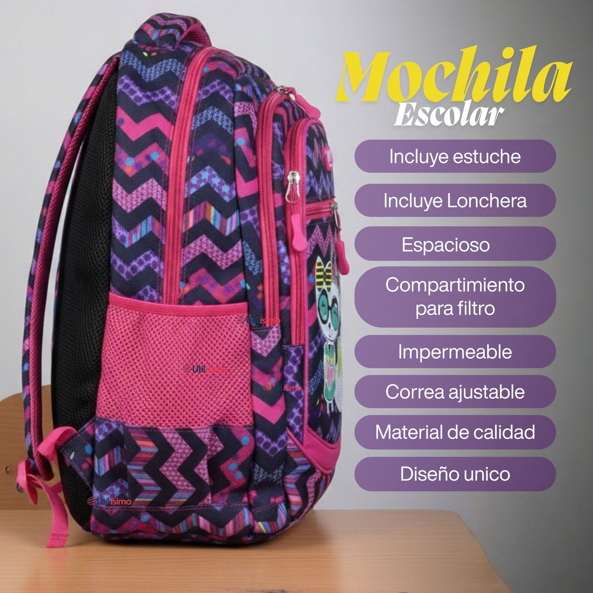 UTILISIMO - Mochila Escolar Bolso Con Estuche + Lonchera 45Cm Tela Oxford Niña