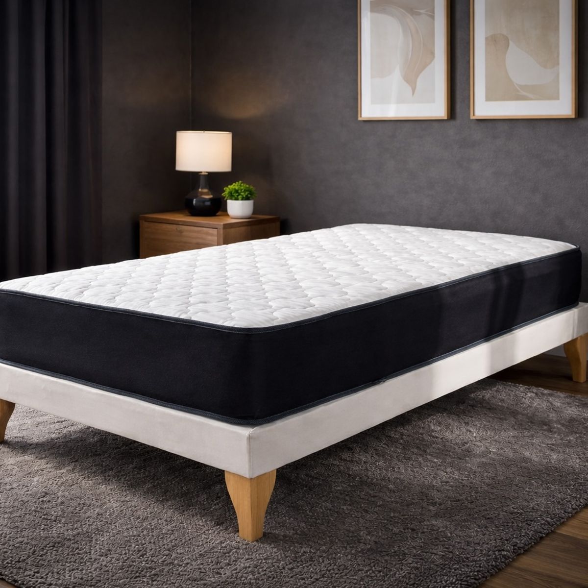 GENERICO - Cama 1 Plaza Con Colchón híbrido y Box Tapizado