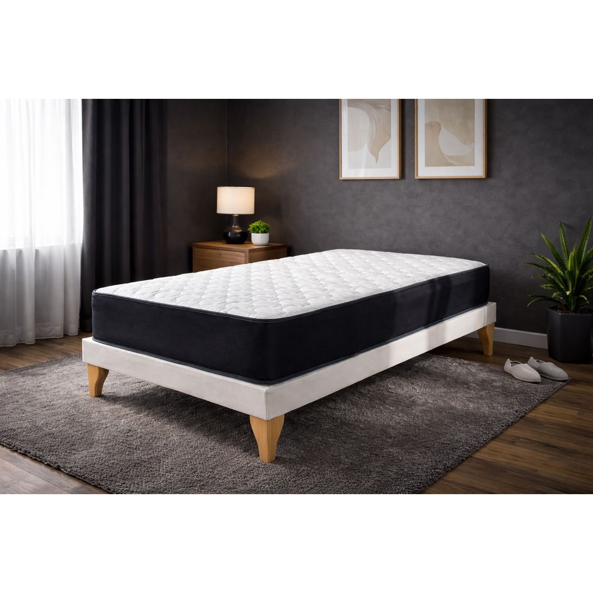 GENERICO - Cama 1 Plaza Con Colchón híbrido y Box Tapizado