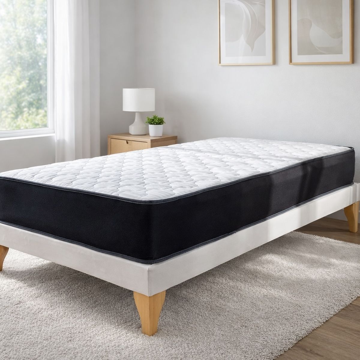 GENERICO - Cama 1 Plaza Con Colchón híbrido y Box Tapizado