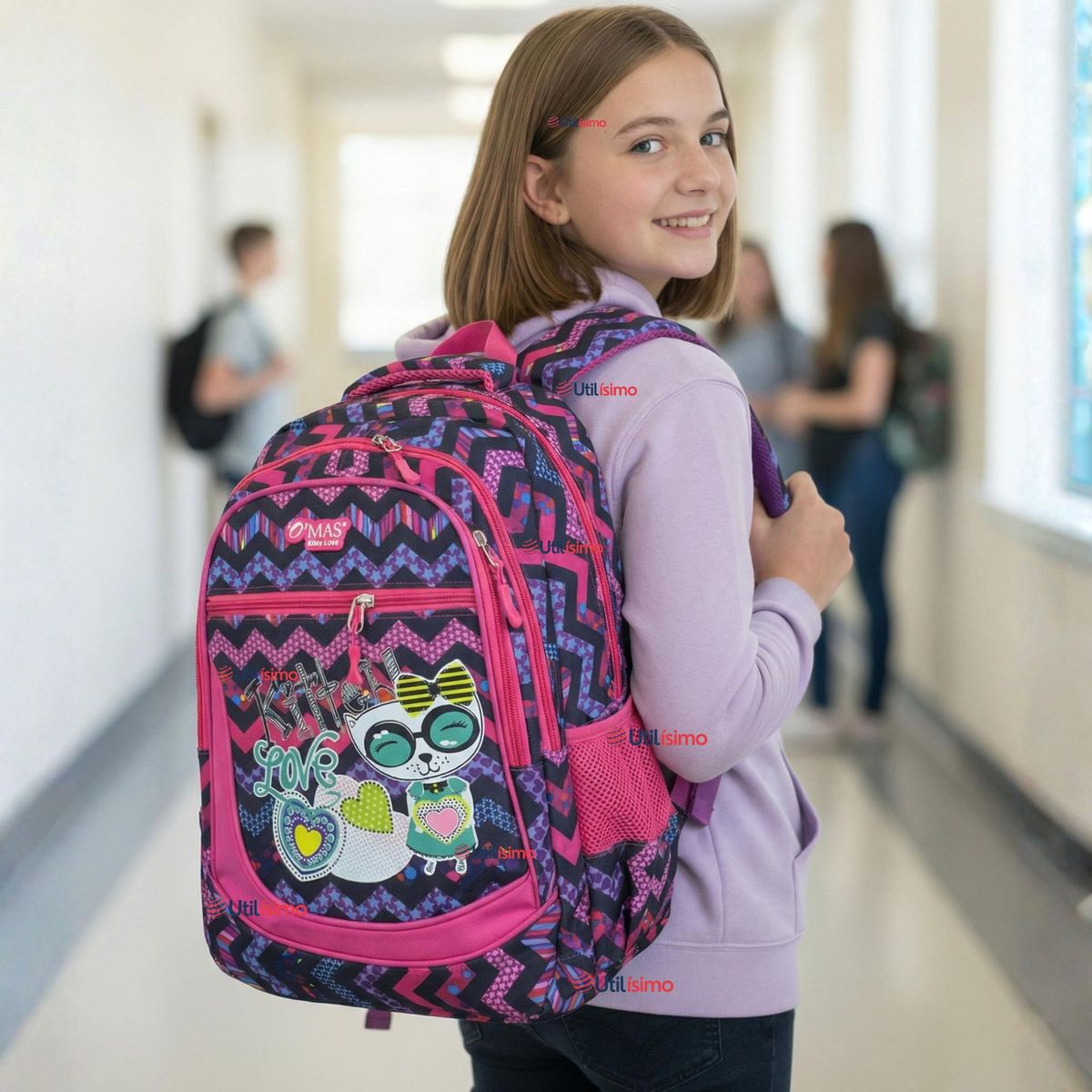 UTILISIMO - Mochila Escolar Bolso Con Estuche + Lonchera 45Cm Tela Oxford Niña