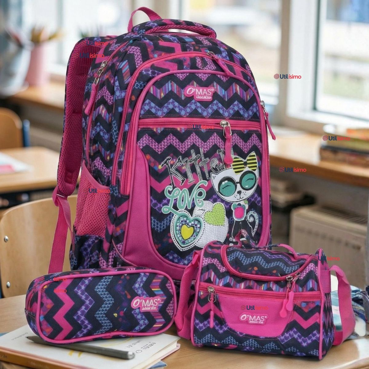 UTILISIMO - Mochila Escolar Bolso Con Estuche + Lonchera 45Cm Tela Oxford Niña