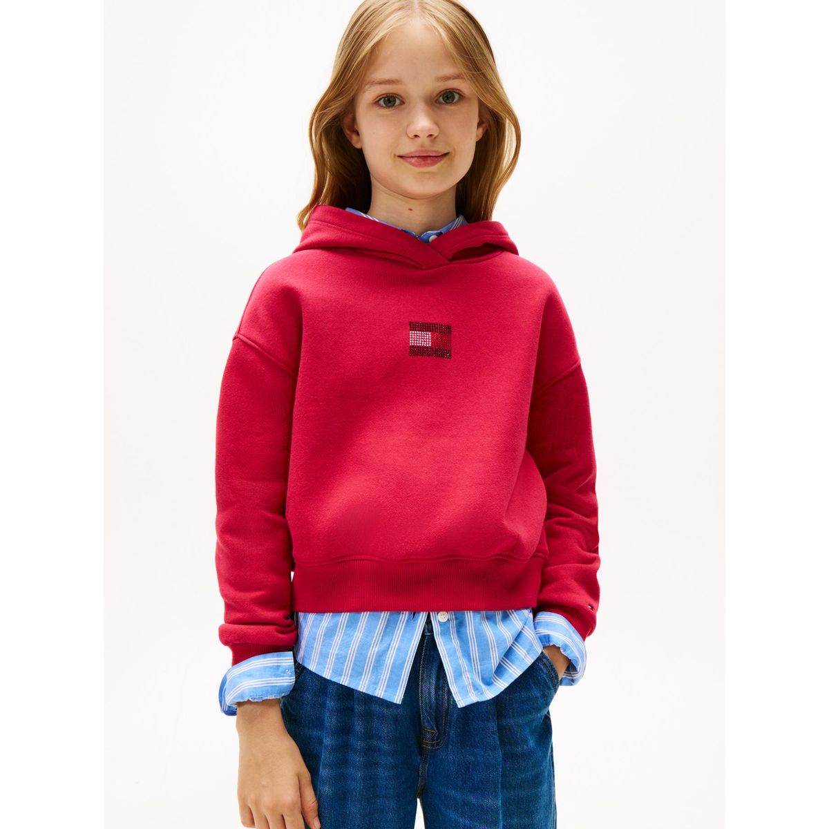 TOMMY HILFIGER - Polerón Hoodie Con Logo De Strass Rojo Tommy Hilfiger