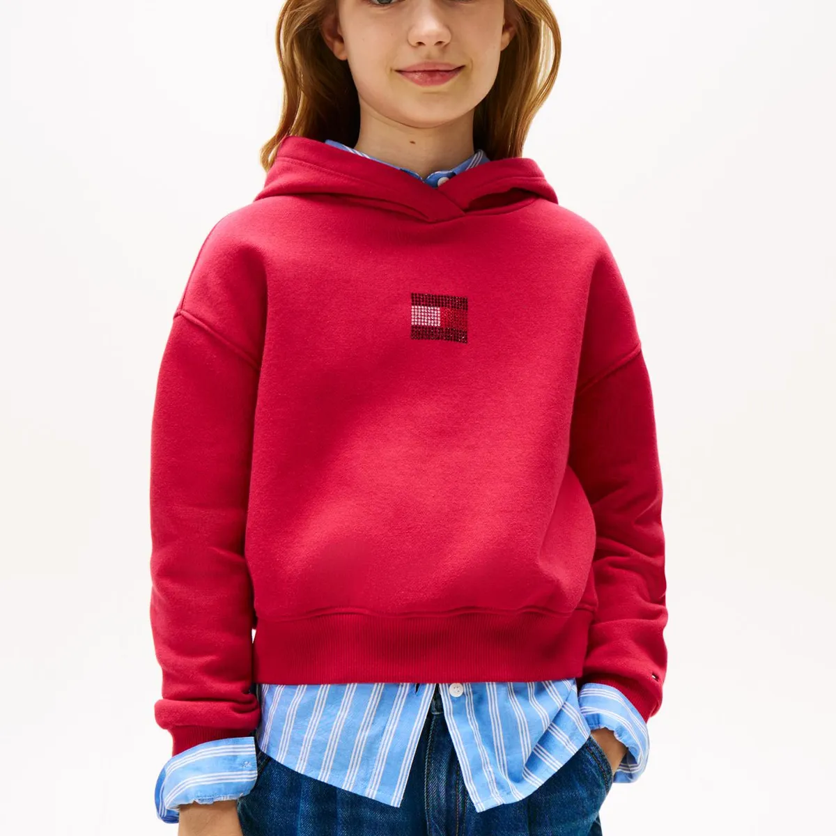 TOMMY HILFIGER - Polerón Hoodie Con Logo De Strass Rojo Tommy Hilfiger