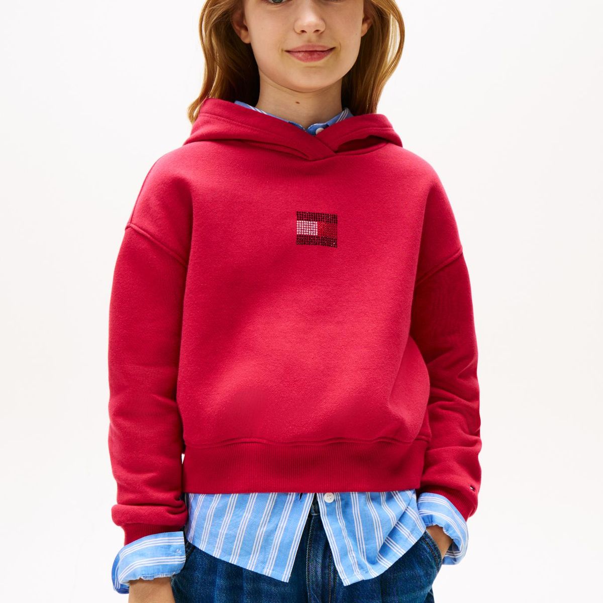 TOMMY HILFIGER - Polerón Hoodie Con Logo De Strass Rojo Tommy Hilfiger