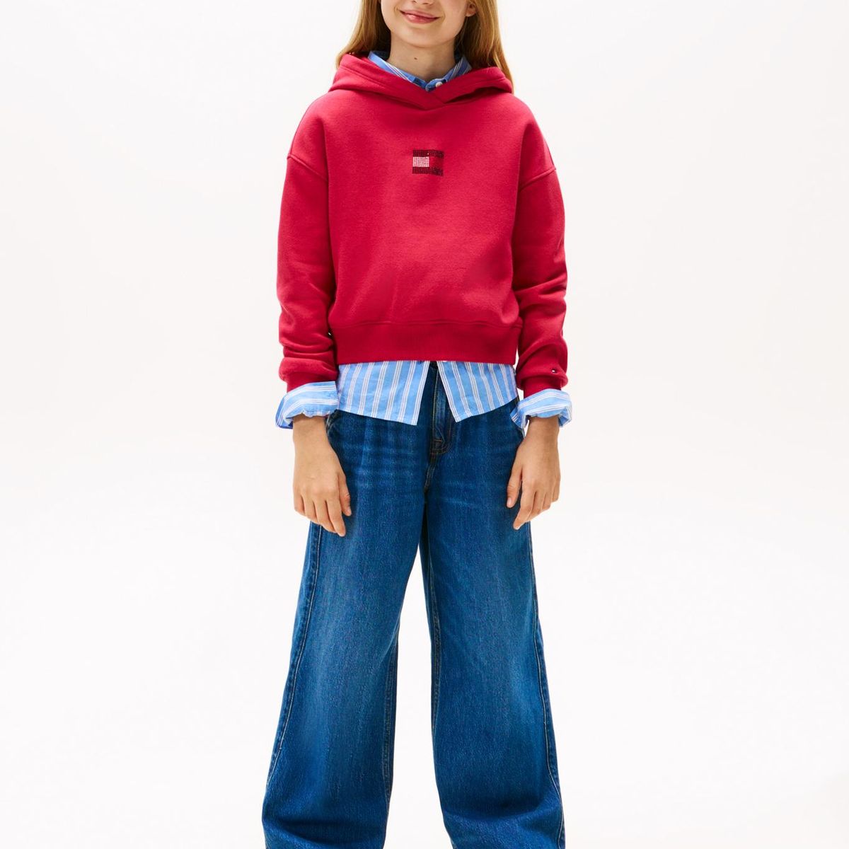 TOMMY HILFIGER - Polerón Hoodie Con Logo De Strass Rojo Tommy Hilfiger