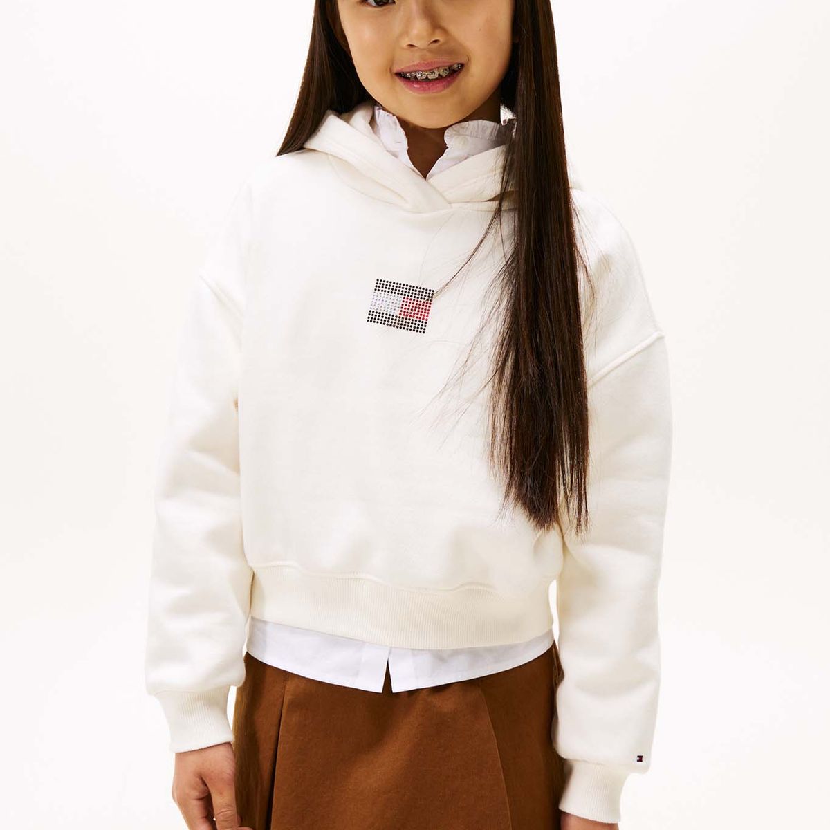 TOMMY HILFIGER - Polerón Hoodie Con Logo De Strass Blanco Tommy Hilfiger