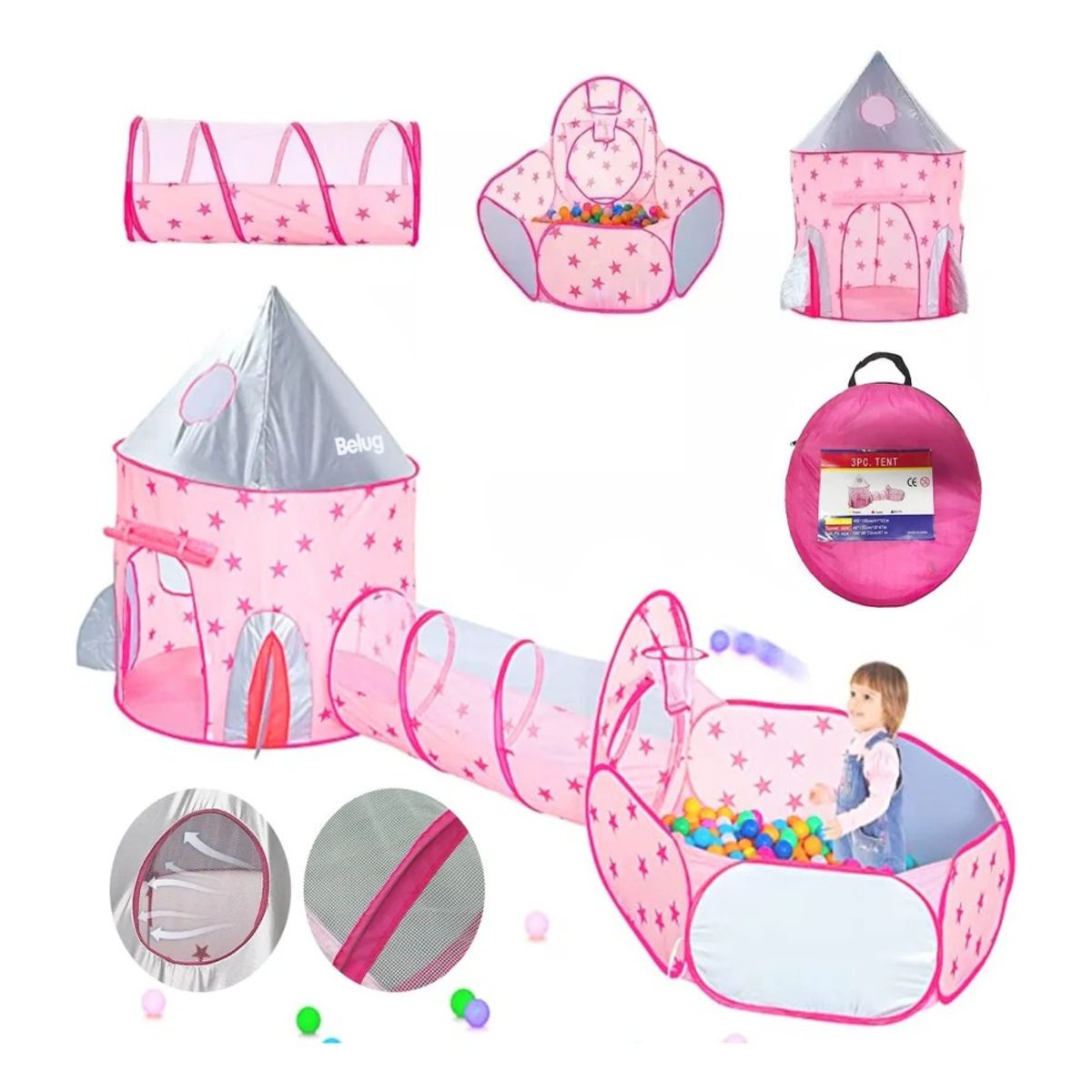 GENERICO - Carpa De Juegos Infantil 3 En 1 Castillo Piscina Tunel Niñas Rosa BELUG