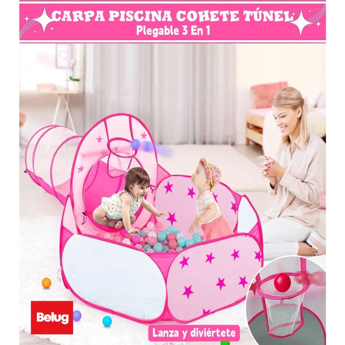 GENERICO - Carpa De Juegos Infantil 3 En 1 Castillo Piscina Tunel Niñas Rosa BELUG