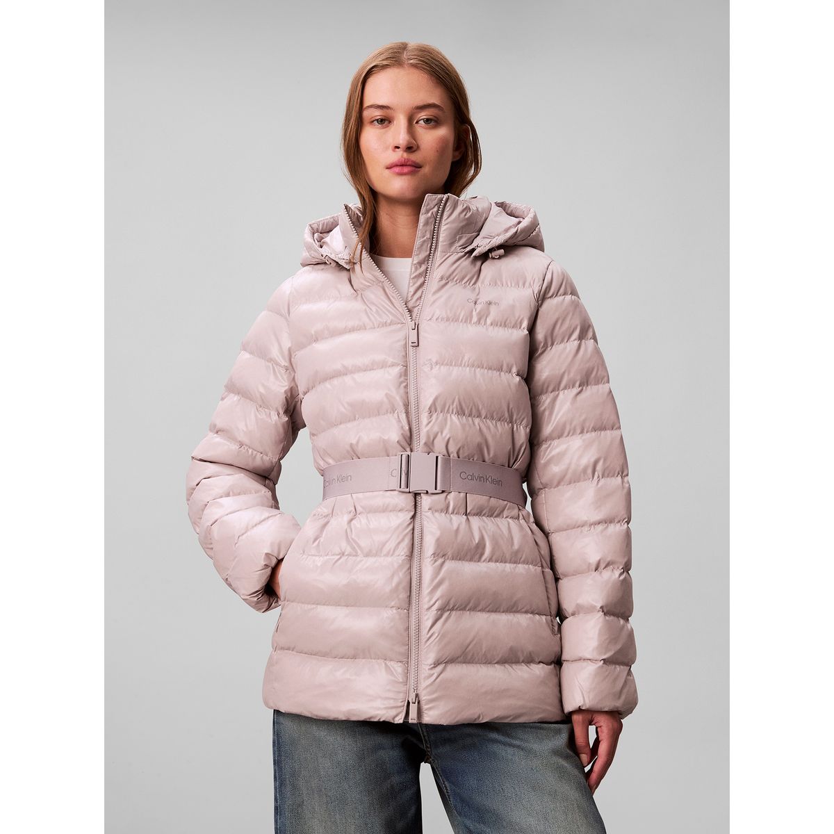 CALVIN KLEIN - Parka Puffer De Plumas Ligera Con Cinturón Gris Calvin Klein