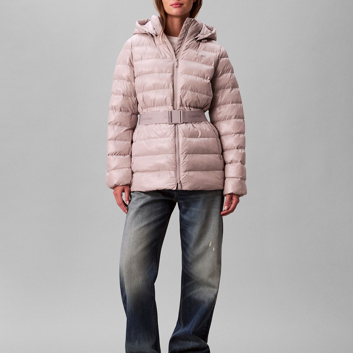 CALVIN KLEIN - Parka Puffer De Plumas Ligera Con Cinturón Gris Calvin Klein