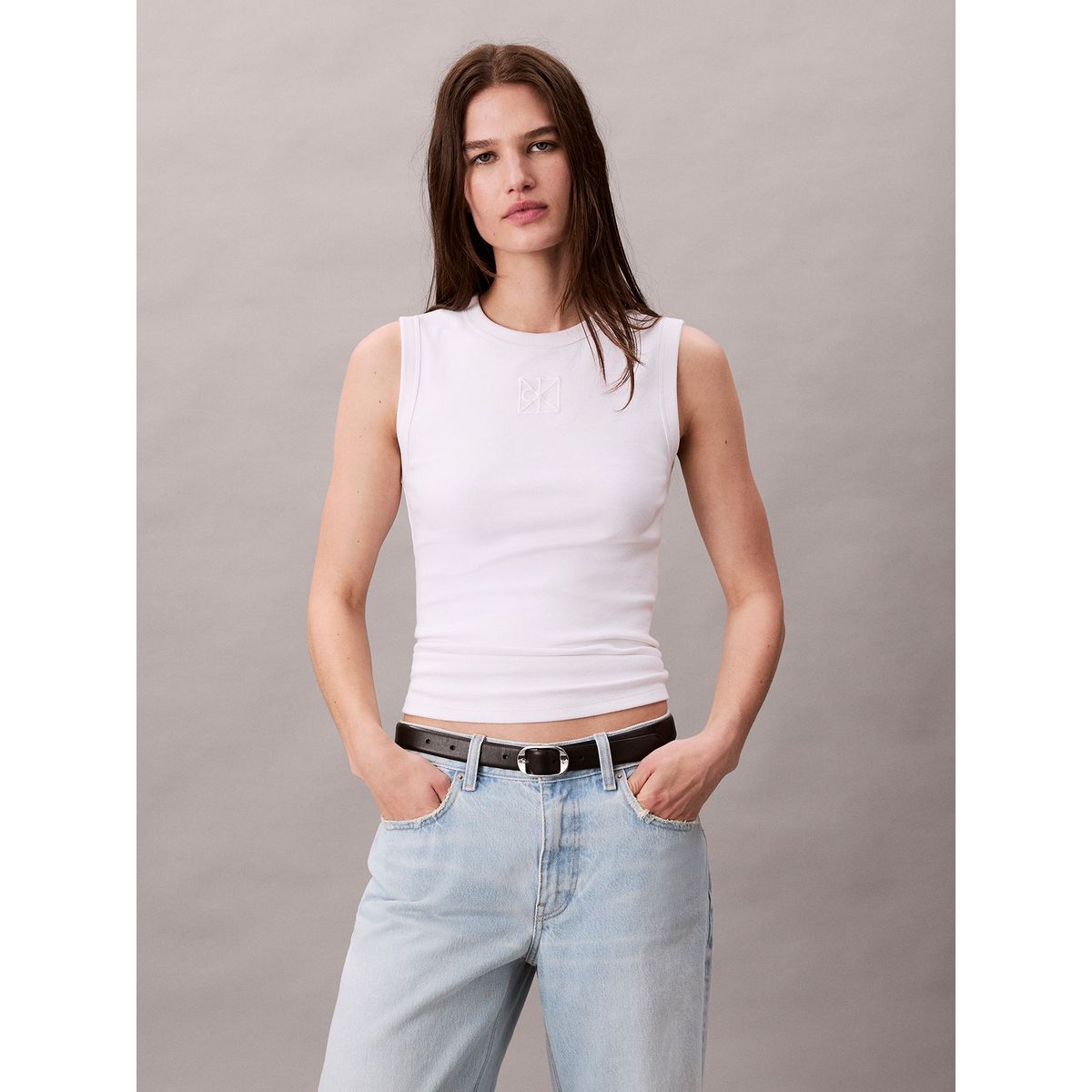 CALVIN KLEIN - Polera De Canalé Blanco Calvin Klein