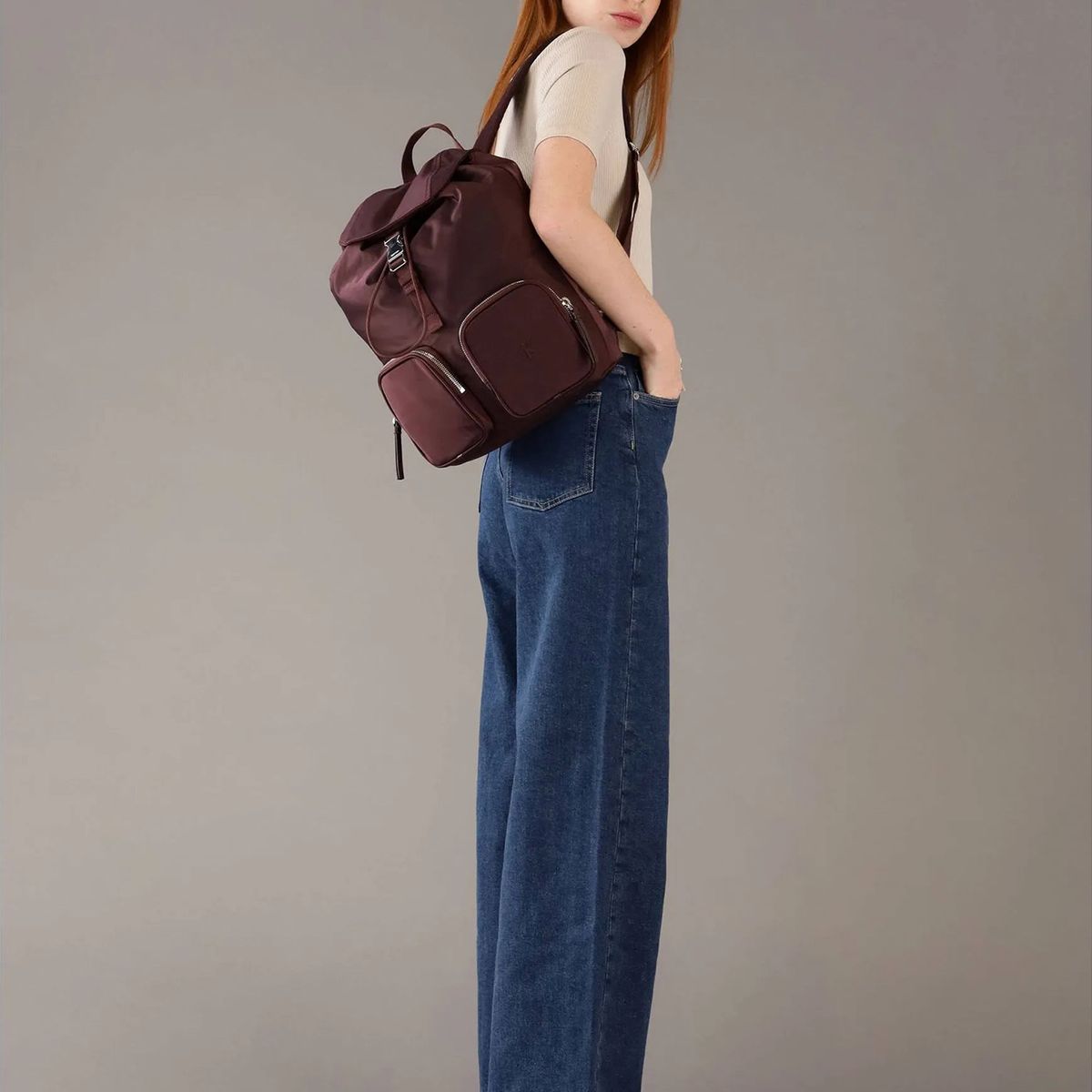 CALVIN KLEIN - Mochila Con Solapa De Satén Y Nailon Café Calvin Klein