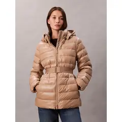 CALVIN KLEIN - Parka Puffer De Plumas Ligera Con Cinturón Café