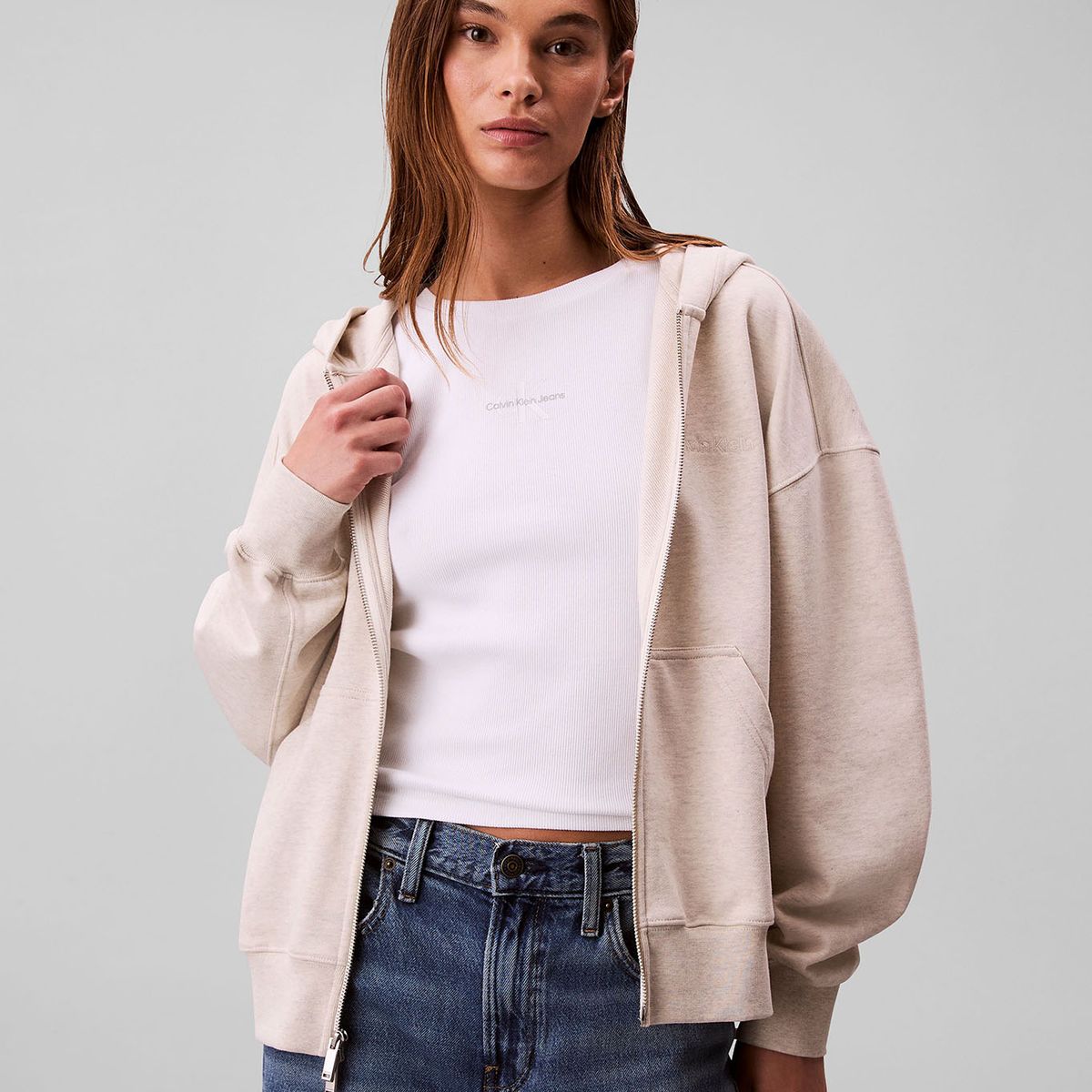 CALVIN KLEIN - Polerón Con Gorro Y Cierre De Cremallera Blanco Calvin Klein