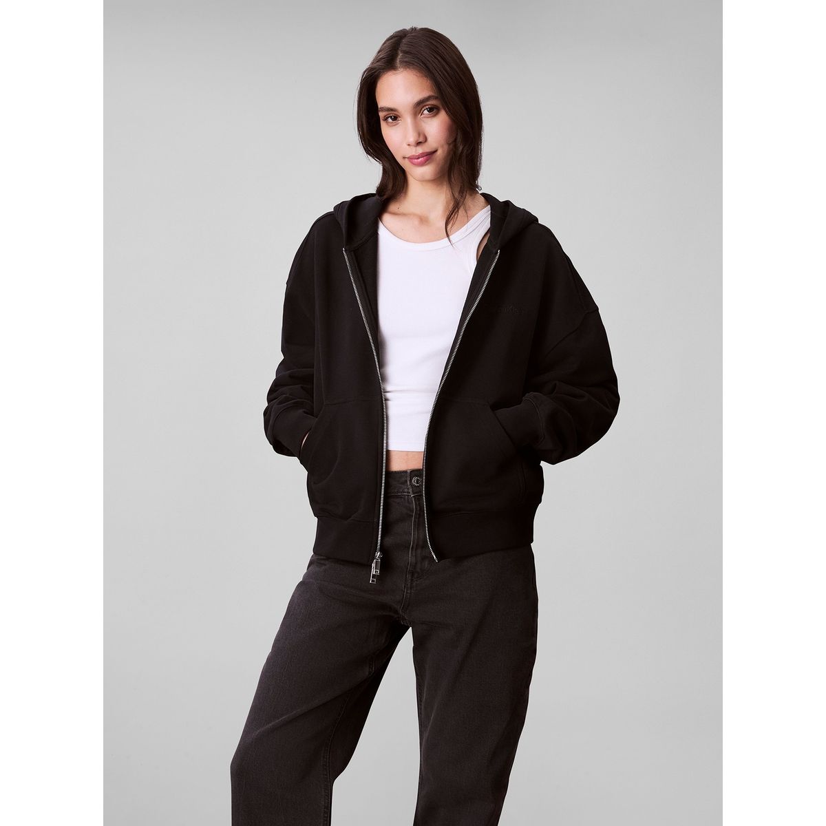 CALVIN KLEIN - Polerón Con Gorro Y Cierre De Cremallera Negro Calvin Klein