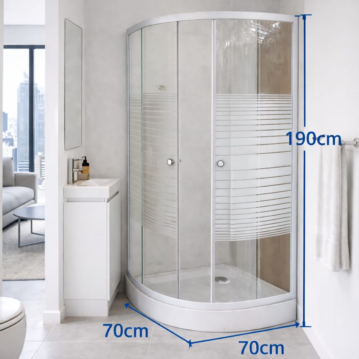 GENERICO - Mampara Ducha Curva 70×70 190cm Alto Vidrio Templado Franjas Blancas