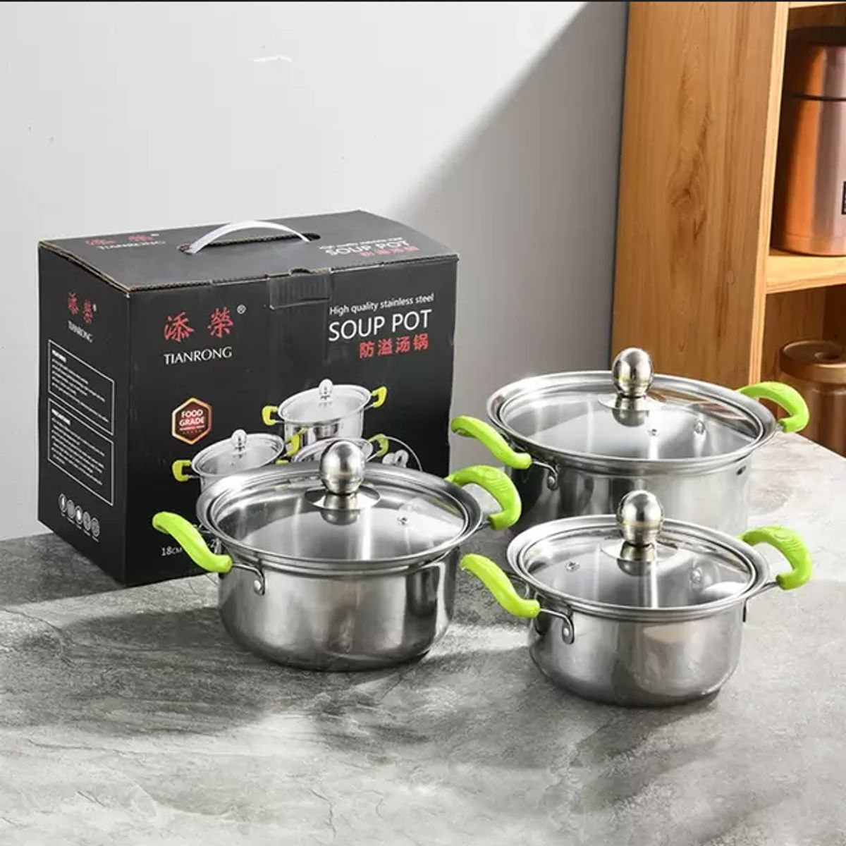 GENERICO - Juego de 5 Ollas Acero Inoxidable Fondo Plano Antiadherente