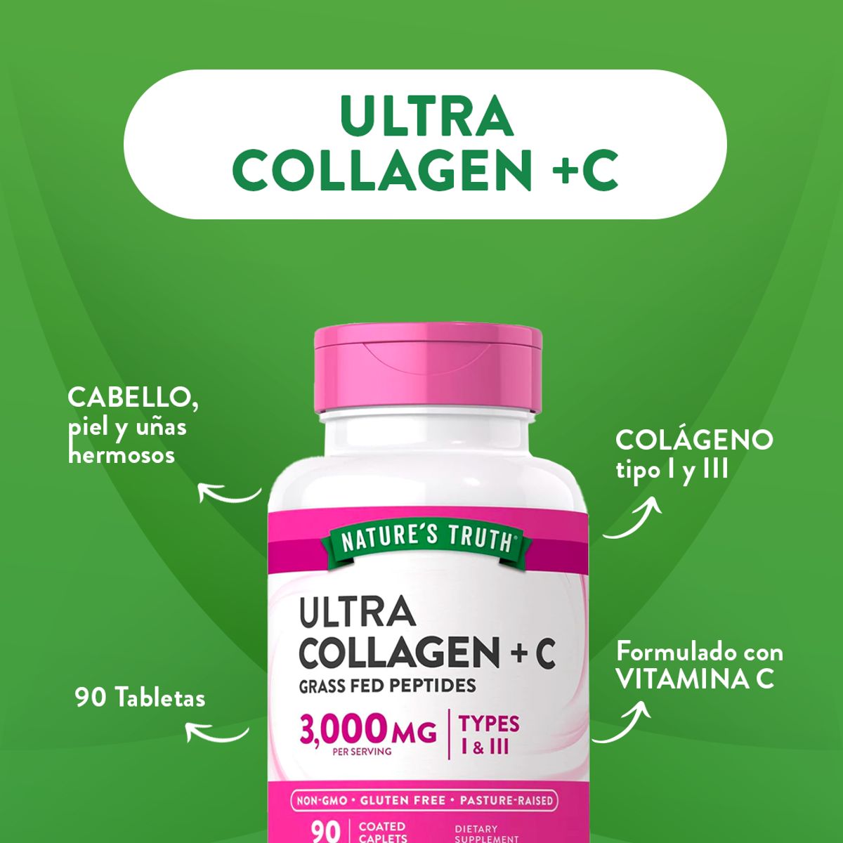 NATURE'S TRUTH - Colageno Hidrolizado Natures Truth - Ultra Collagen Tipo I & III con Vitamina C 90 cápsulas