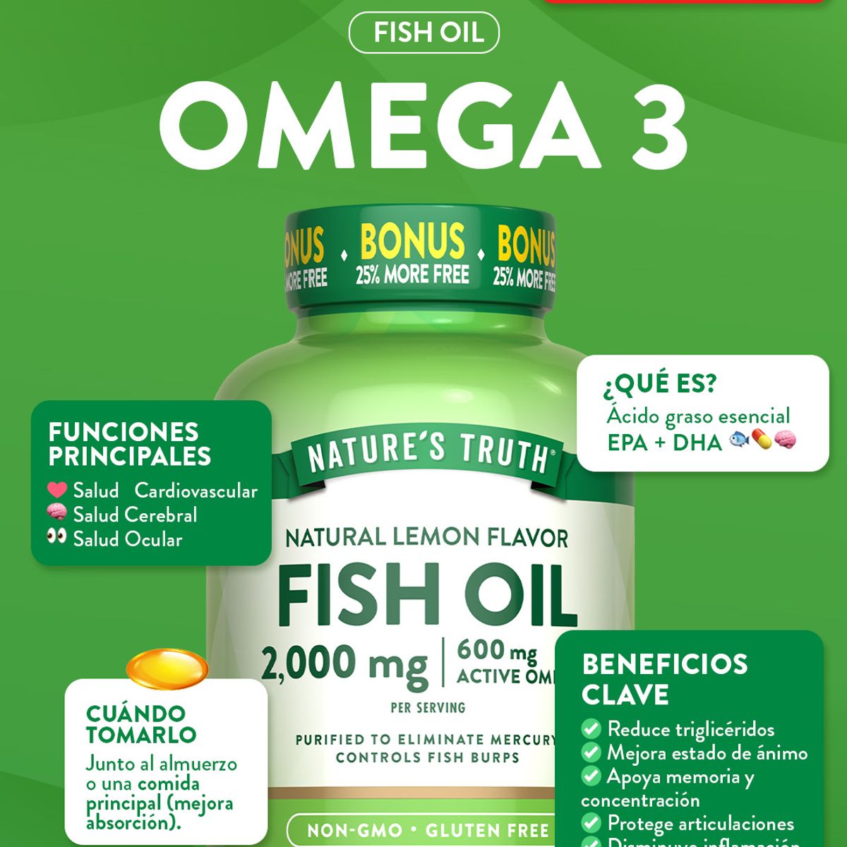NATURE'S TRUTH - Omega 3 Natures Truth - Fish Oil 2000 mg con esencia de limón 250 cápsulas