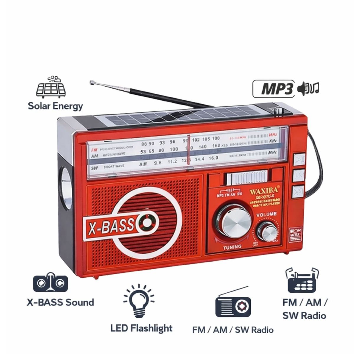 MOVI - Radio Portátil AM FM SW con Linterna Panel Solar y Batería Recargable