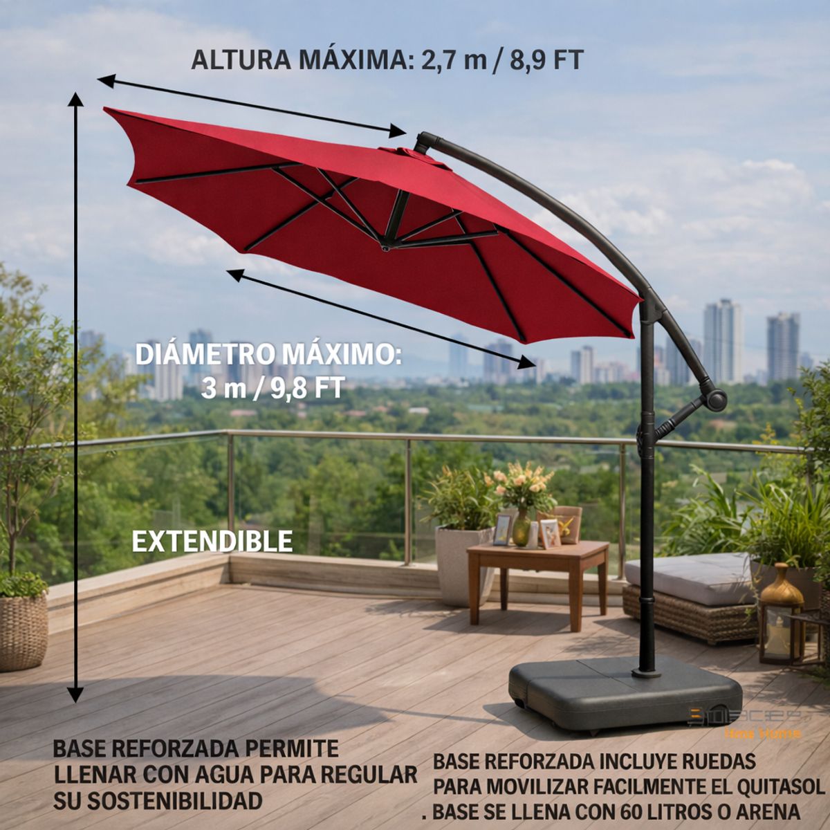SPACE HOME - Toldo Base Incluida Quitasol Vinotinto Sombrilla 3 Metros CON UV30
