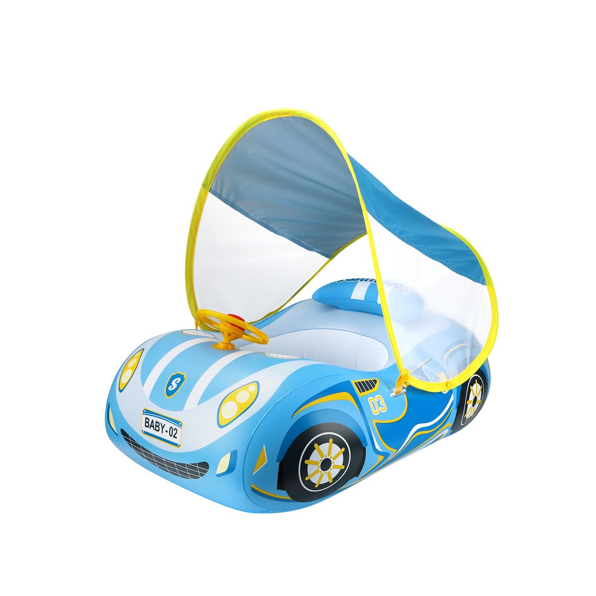 PUREPOWER - Flotador car Inflable para Niños con Asiento de Seguridad y Toldo Solar Desmontable-azul